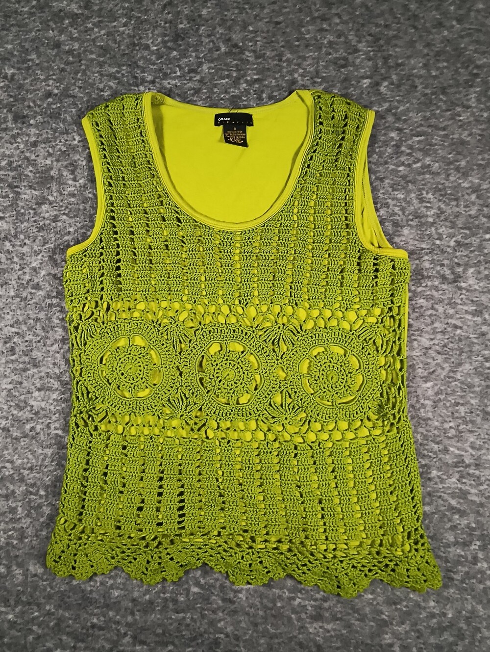 Grace Elements crochet front, lime green tank top, women's small